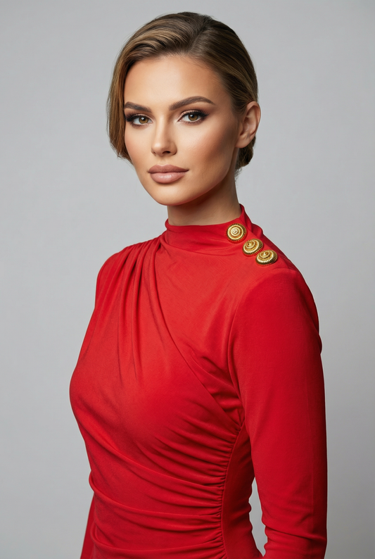 Vestito Asimmetrico con Dettagli Oro – Fascino Metropolitano