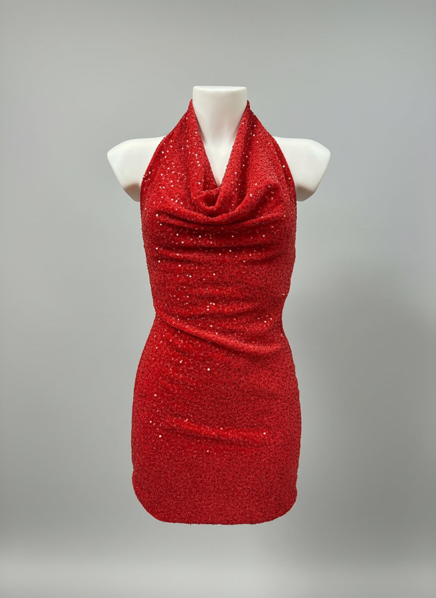 Mini-abito paillettes scollo all’americana – FUOCO LIQUIDO