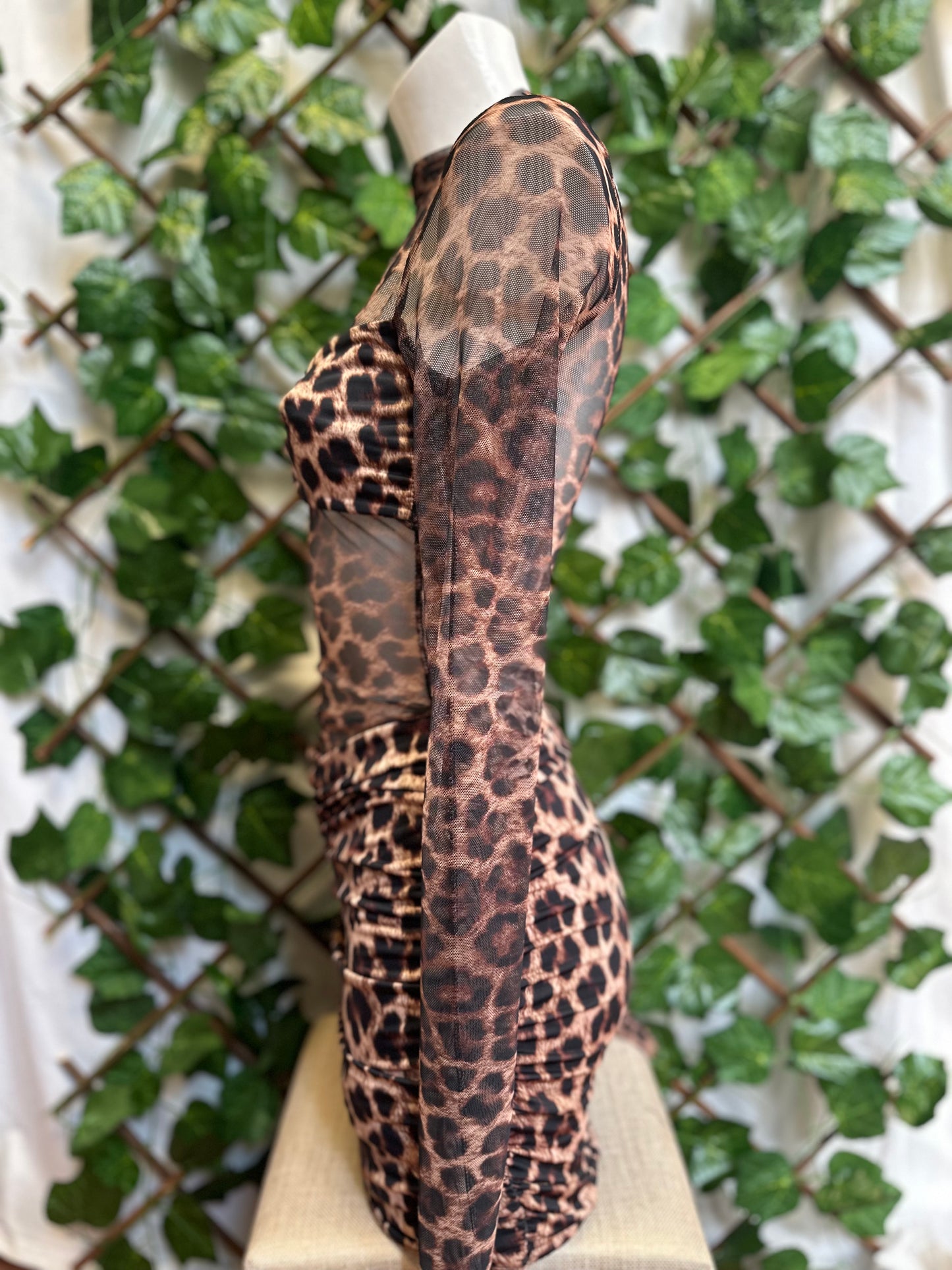 Vestito Leopardato Mesh Maniche Lunghe – Effetto Naked & Drappeggio Snellente | Taglia Unica