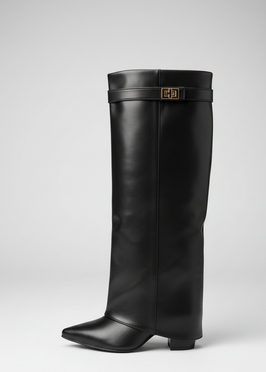 Stivale al ginocchio punta e tacco quadrato con fibbia – POTERE LISCIO 🖤🤎