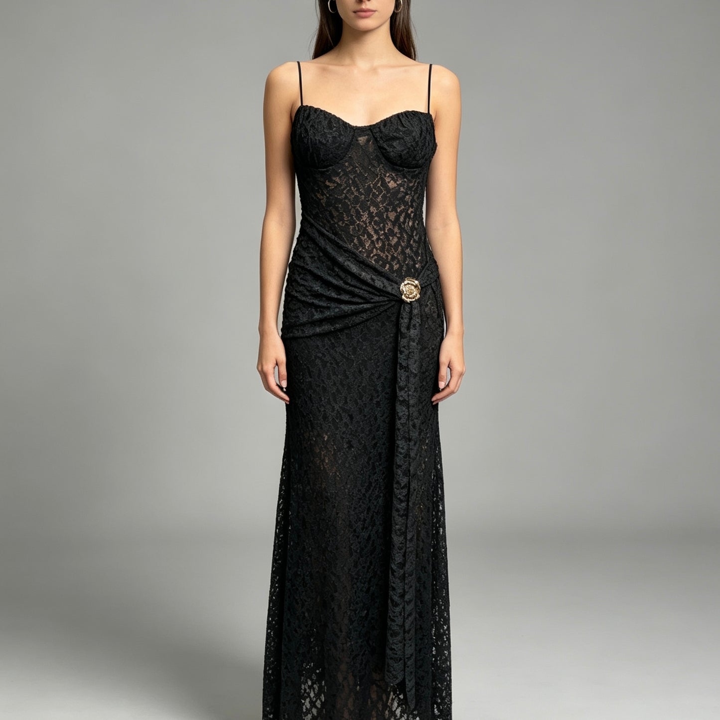 Vestito lungo con dettaglio fiore dorato - BERLY MODA 