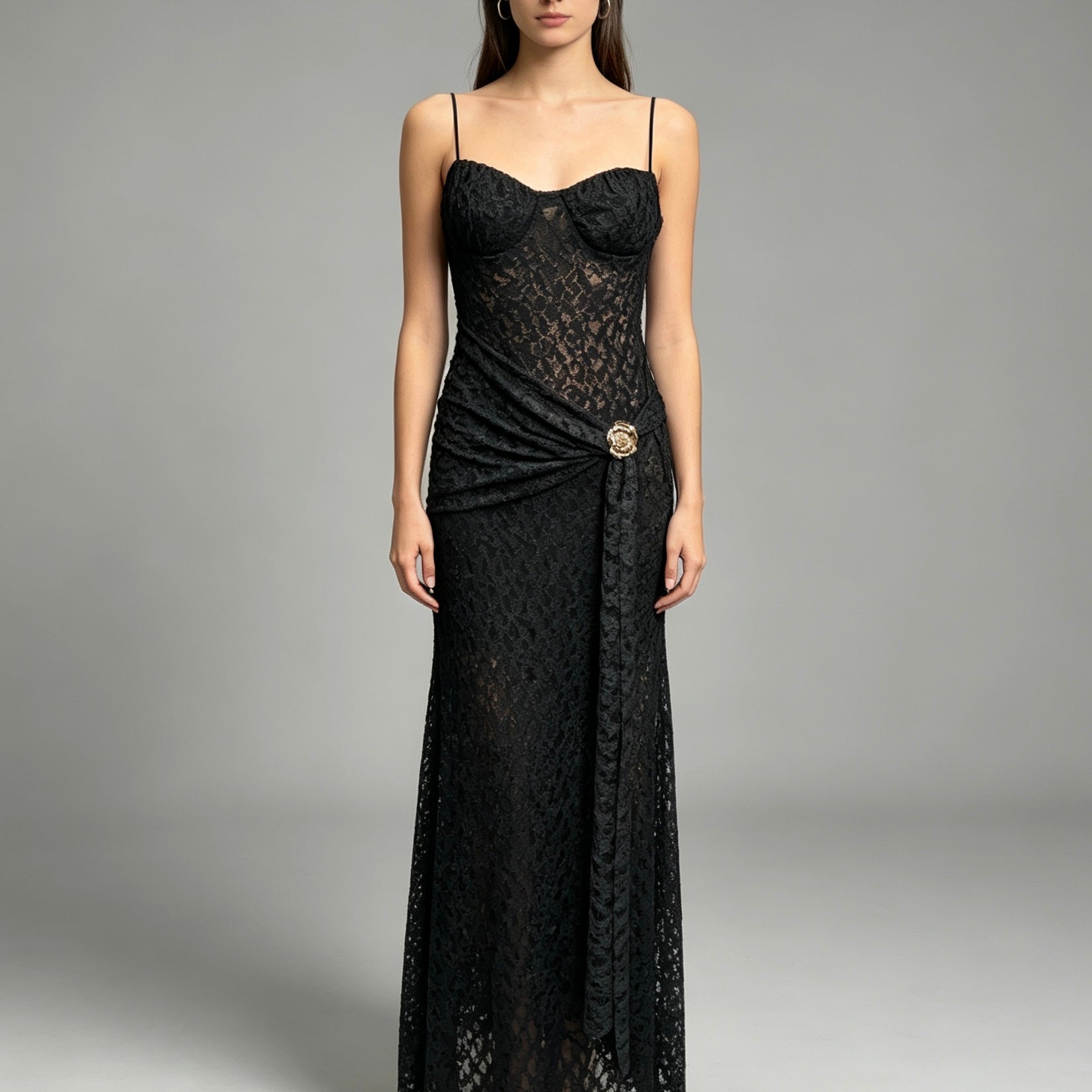 Vestito lungo con dettaglio fiore dorato - BERLY MODA 