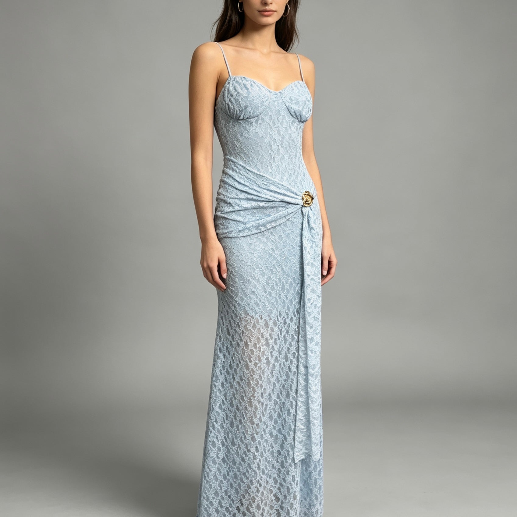 Vestito lungo con dettaglio fiore dorato - BERLY MODA 