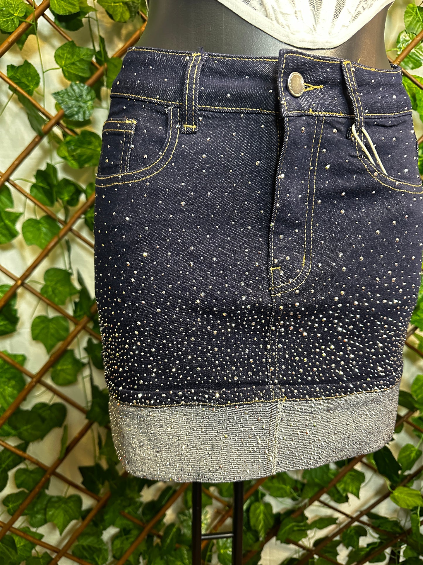 Glittery blue denim skirt