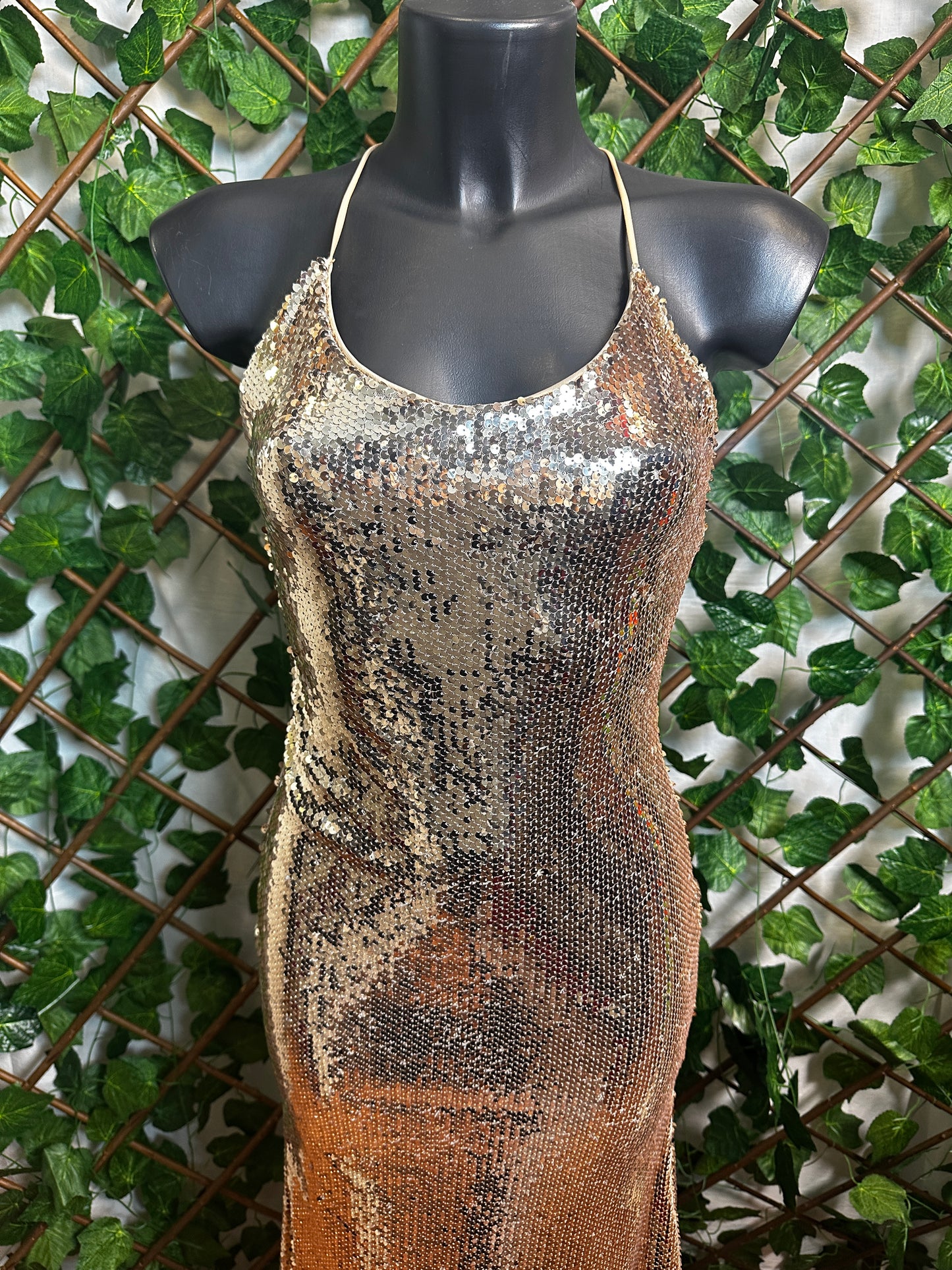 Vestito lungo elegante con la schiena scoperta in paillettes