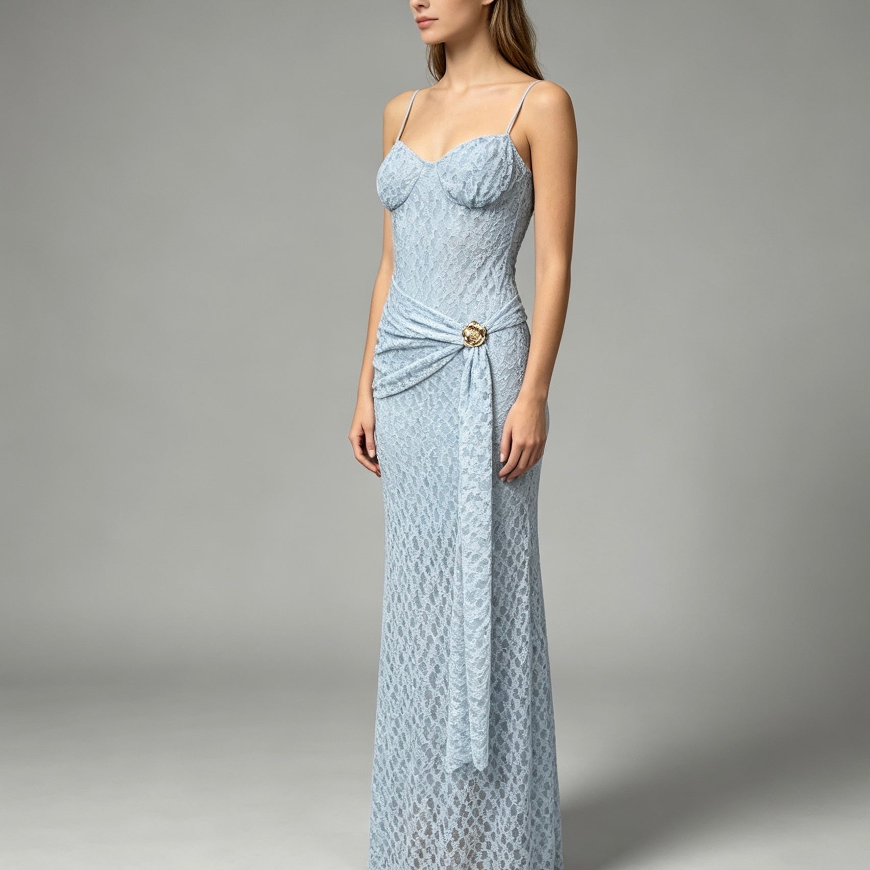 Vestito lungo con dettaglio fiore dorato - BERLY MODA 