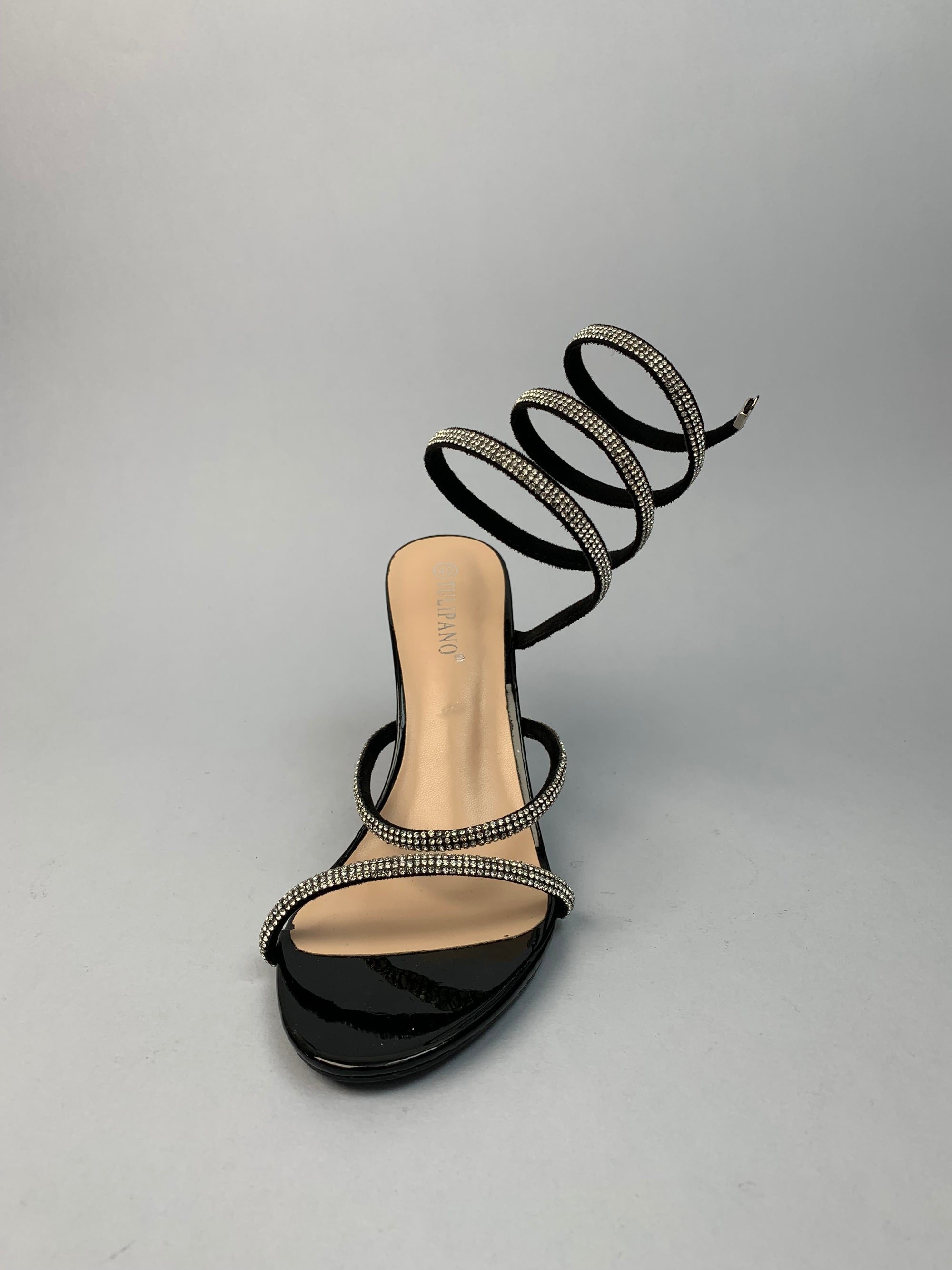 Sandali nero in stile gladiatore con tacco a spirale e strass