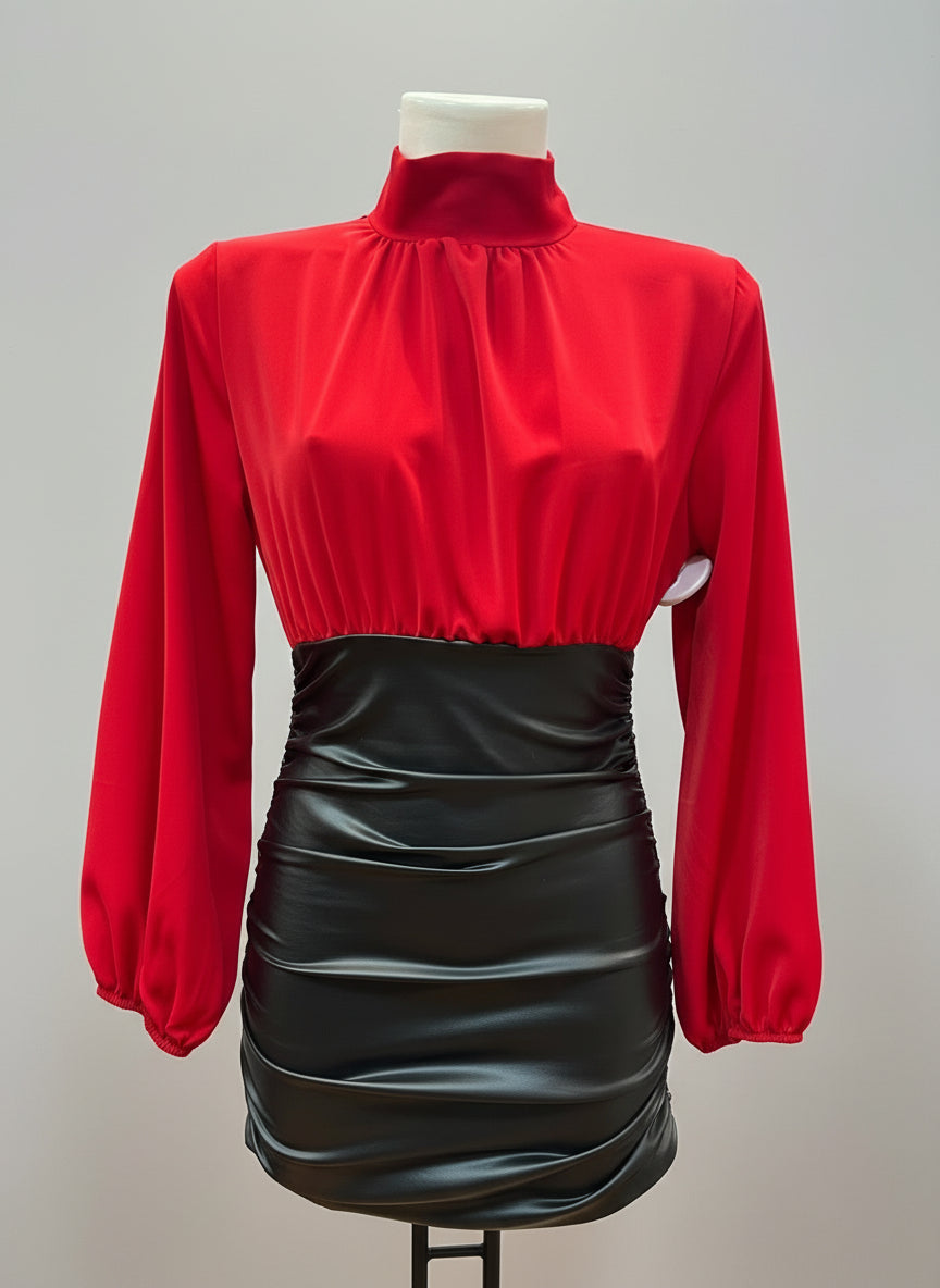 Mini Dress Ecopelle Drappeggiato Bicolore – Audacia Cosmica