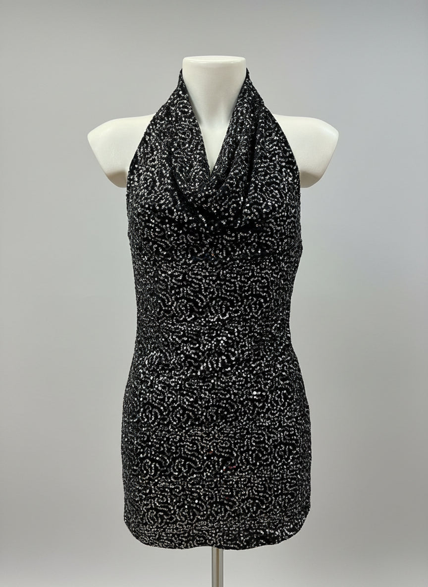 Mini-abito paillettes scollo all’americana – FUOCO LIQUIDO