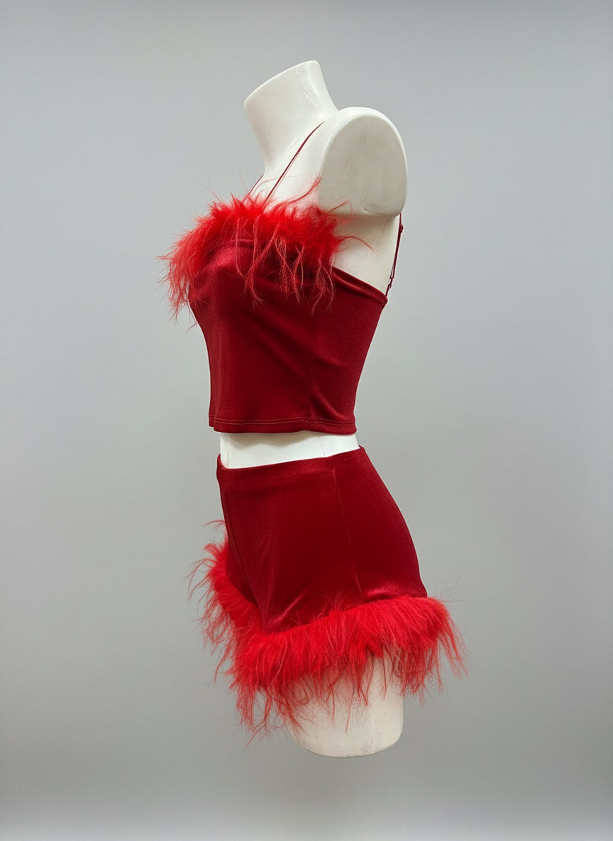 Completo cropped velluto con piume – FANTASIA NOTTURNA
