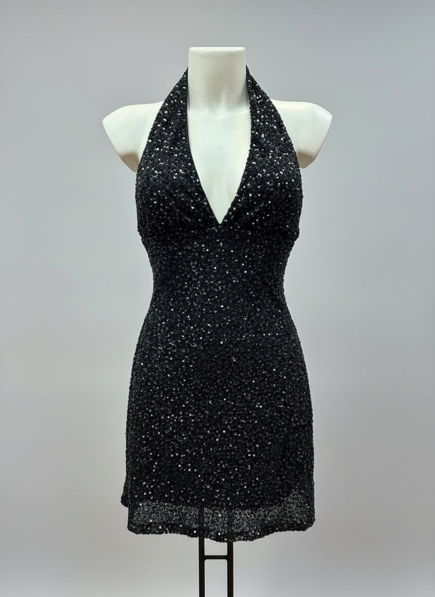 Mini-abito paillettes schiena nuda e scollo profondo – SEDUZIONE COSMICA