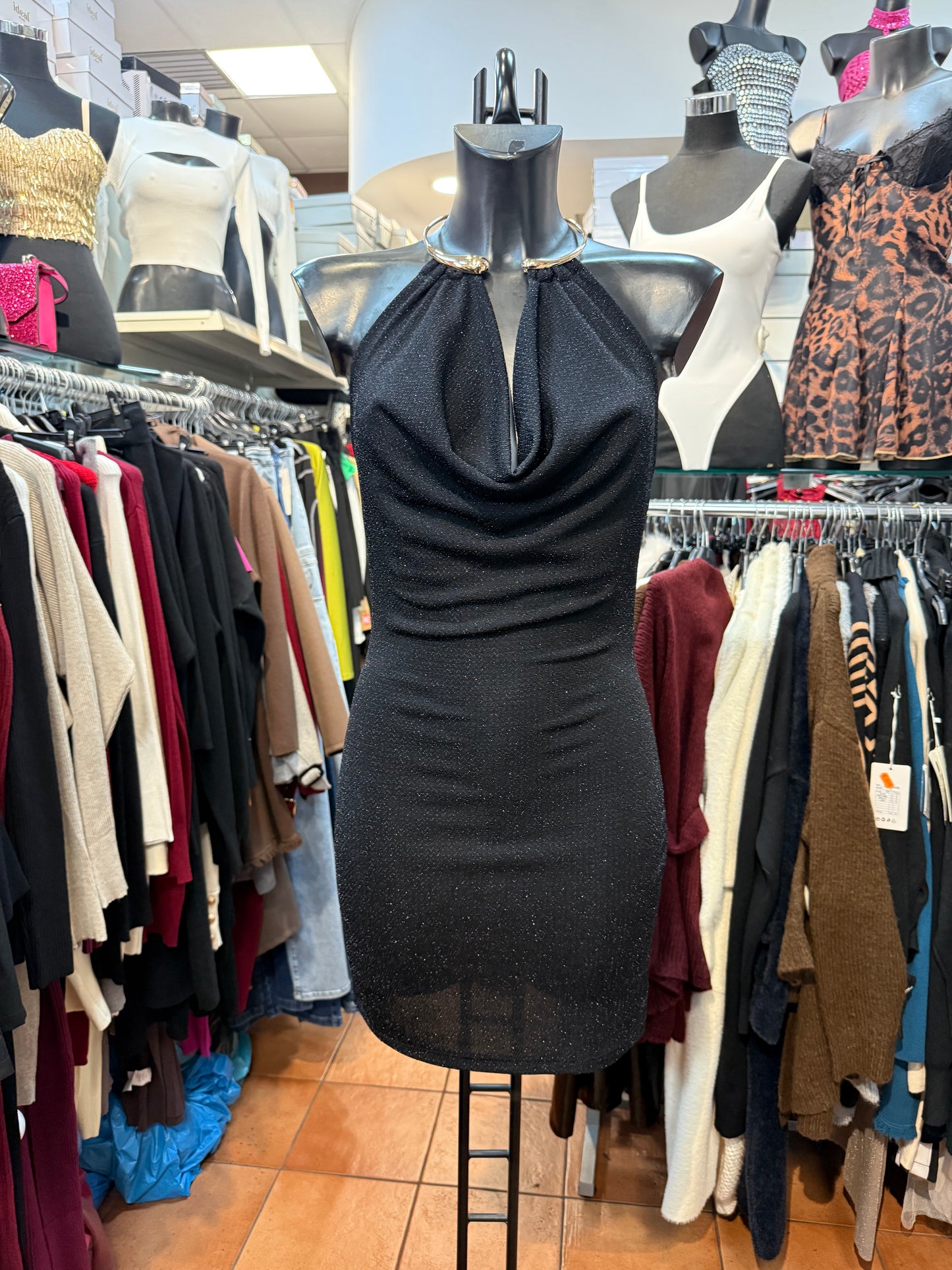 Glitter Halter Mini Dress with Necklace Detail – LIQUID LIGHT ✨🖤