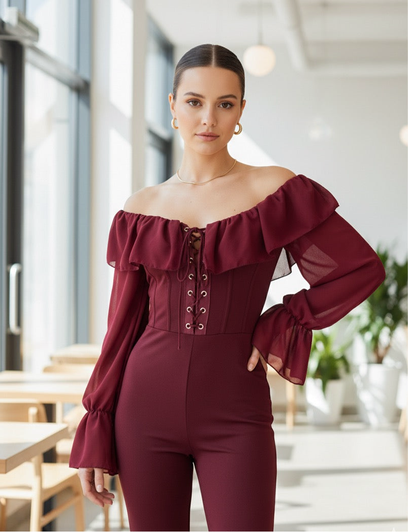 One-piece jumpsuit with a ruffled neckline