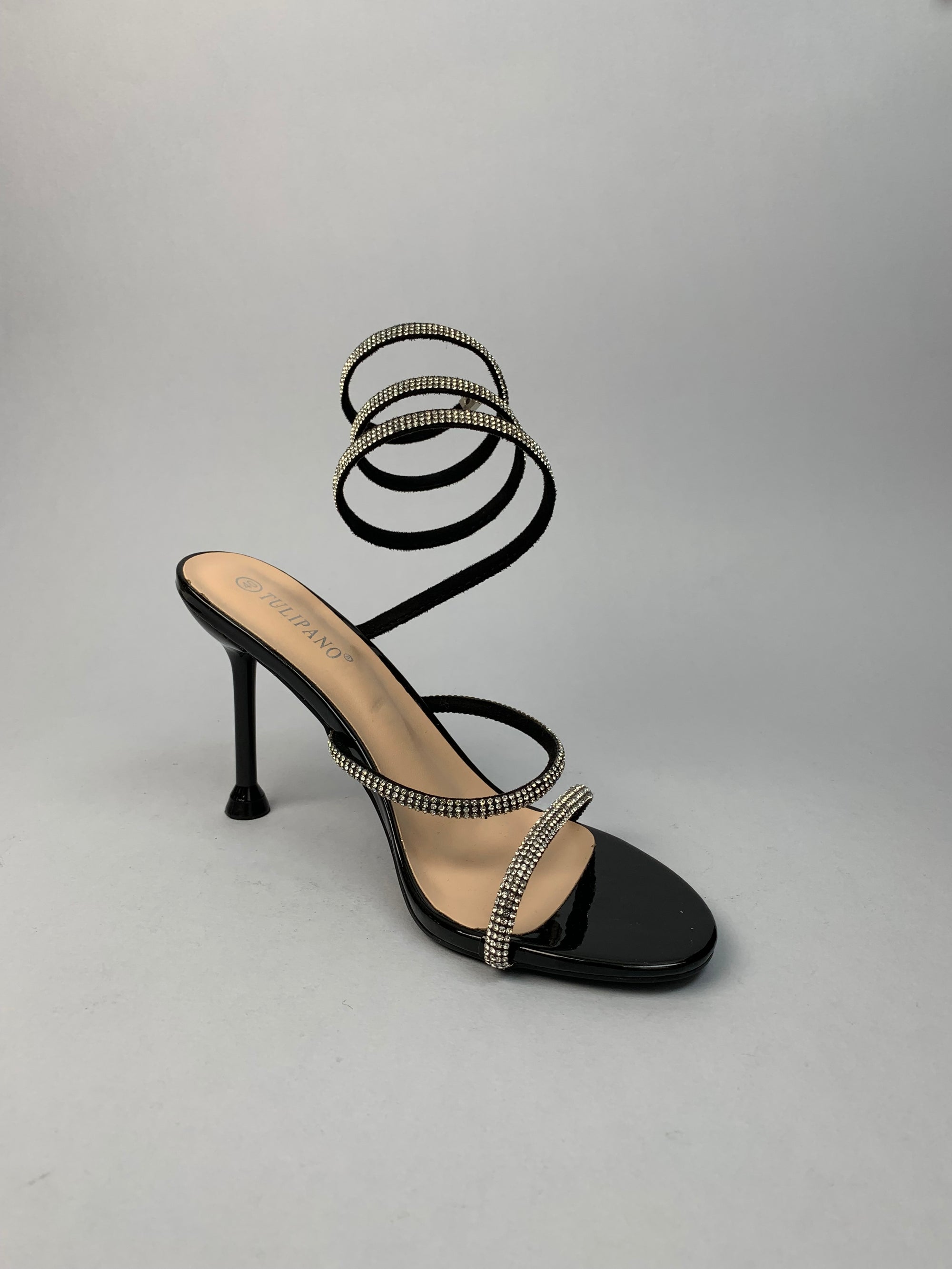 Sandali nero in stile gladiatore con tacco a spirale e strass