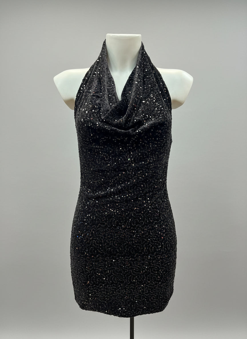 Mini-abito paillettes scollo all’americana – FUOCO LIQUIDO