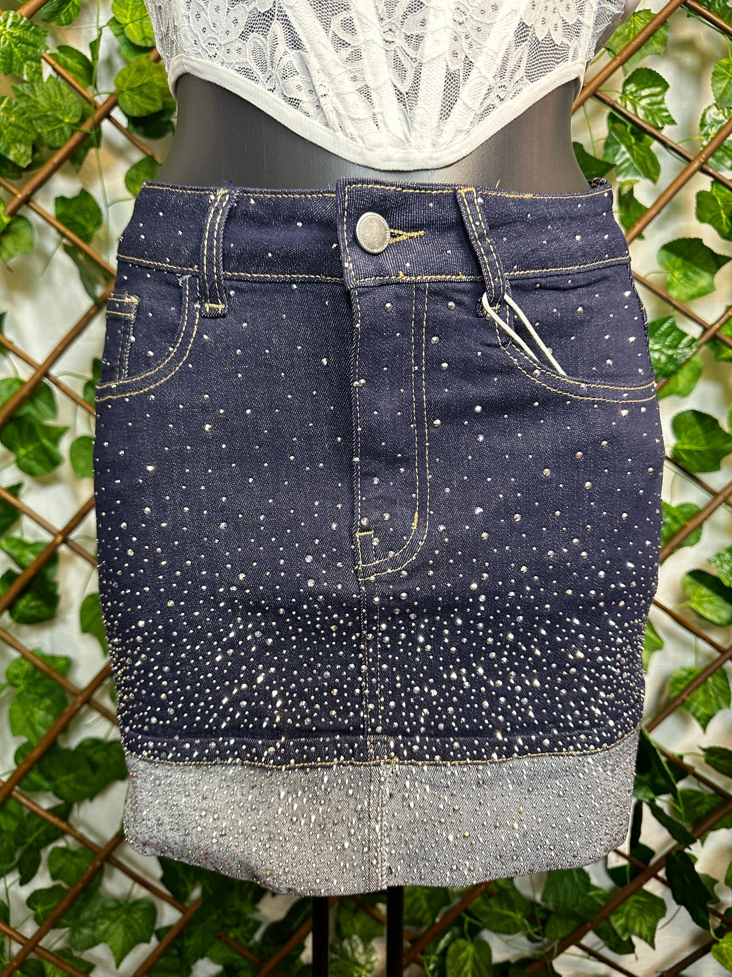 Glittery blue denim skirt