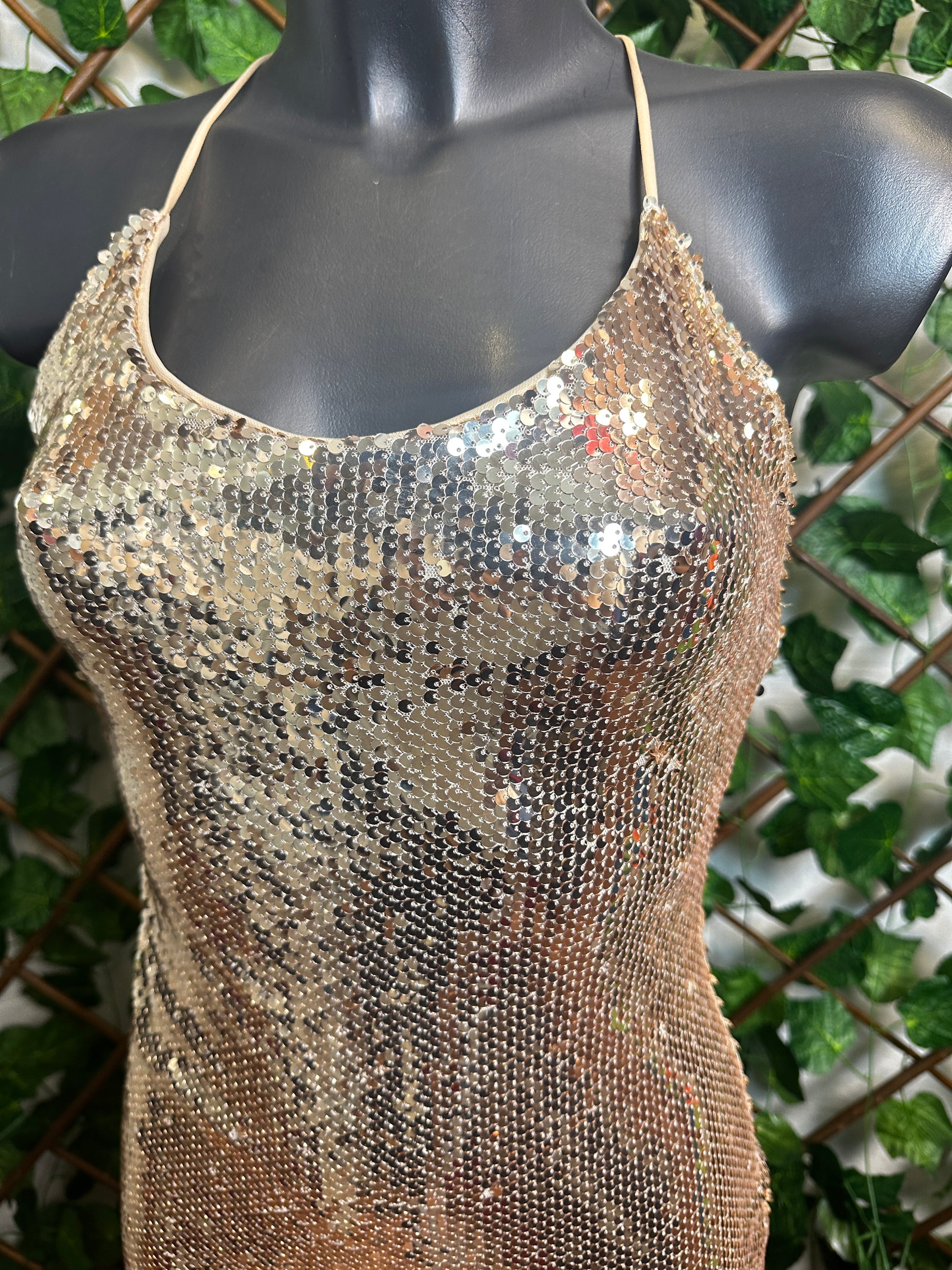 Vestito lungo elegante con la schiena scoperta in paillettes