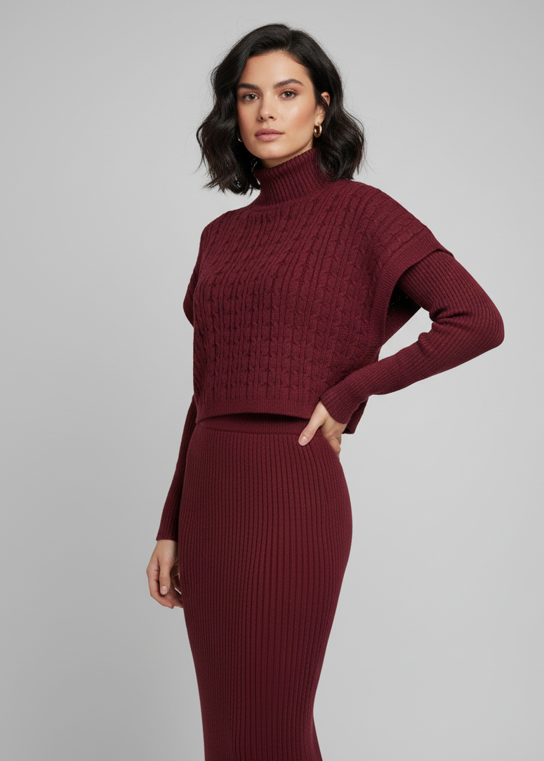 Completo in maglia vestito midi + poncho – MISTERO AVVOLGENTE 🖤✨