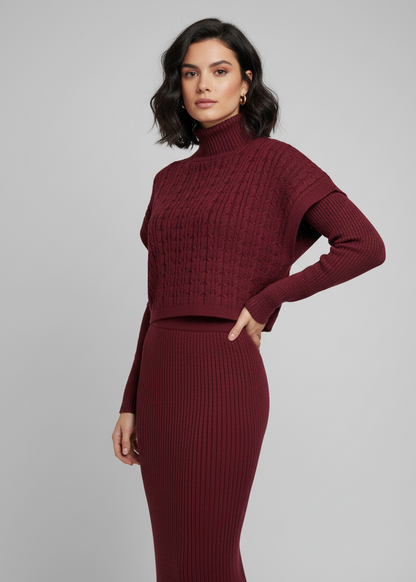 Completo in maglia vestito midi + poncho – MISTERO AVVOLGENTE 🖤✨