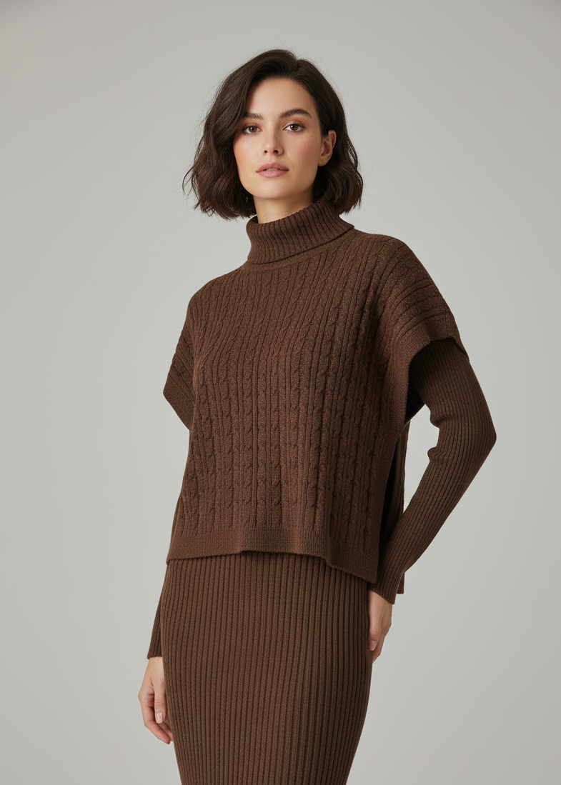 Completo in maglia vestito midi + poncho – MISTERO AVVOLGENTE 🖤✨