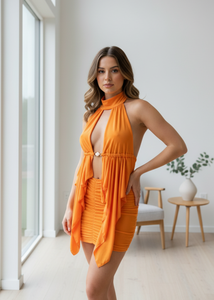 Top and skirt set with gold shell detail and open back