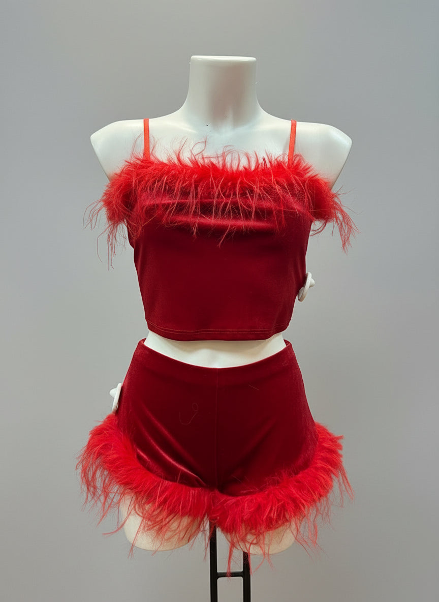 Completo cropped velluto con piume – FANTASIA NOTTURNA