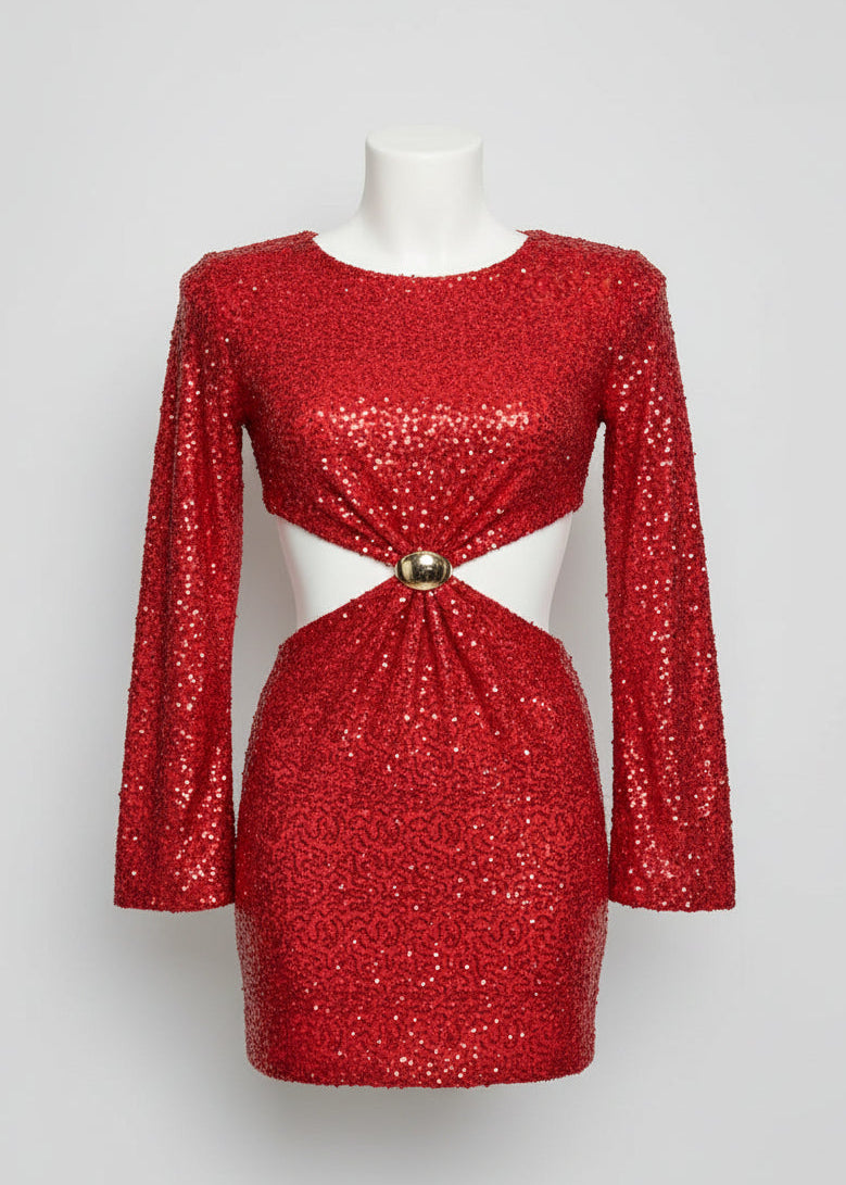 Mini-abito paillettes cut-out con anello – FUOCO SCATENATO