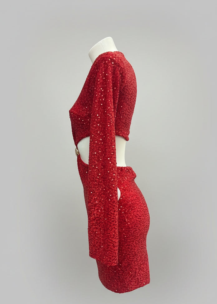 Mini-abito paillettes cut-out con anello – FUOCO SCATENATO