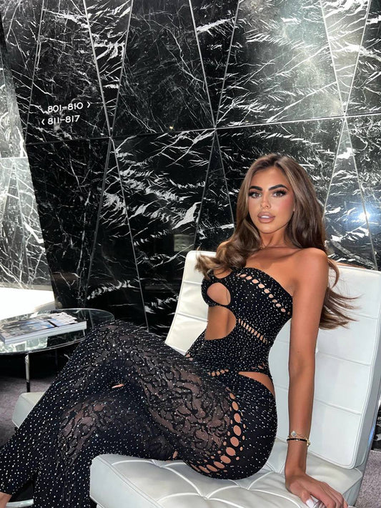 Jumpsuit Sexy con Strass – Monospalla Cut-Out | Nero & Bianco | TU