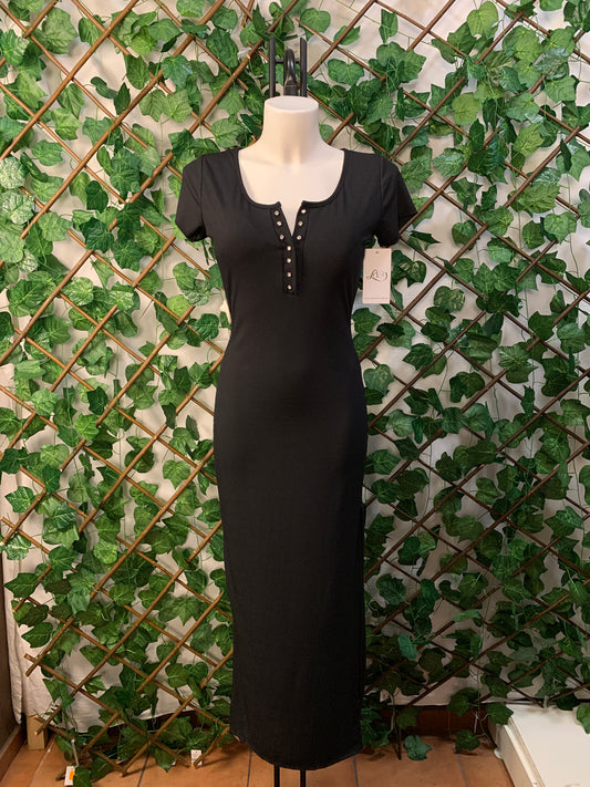 Vestito lungo a mezza manica con bottoni brillantinati
