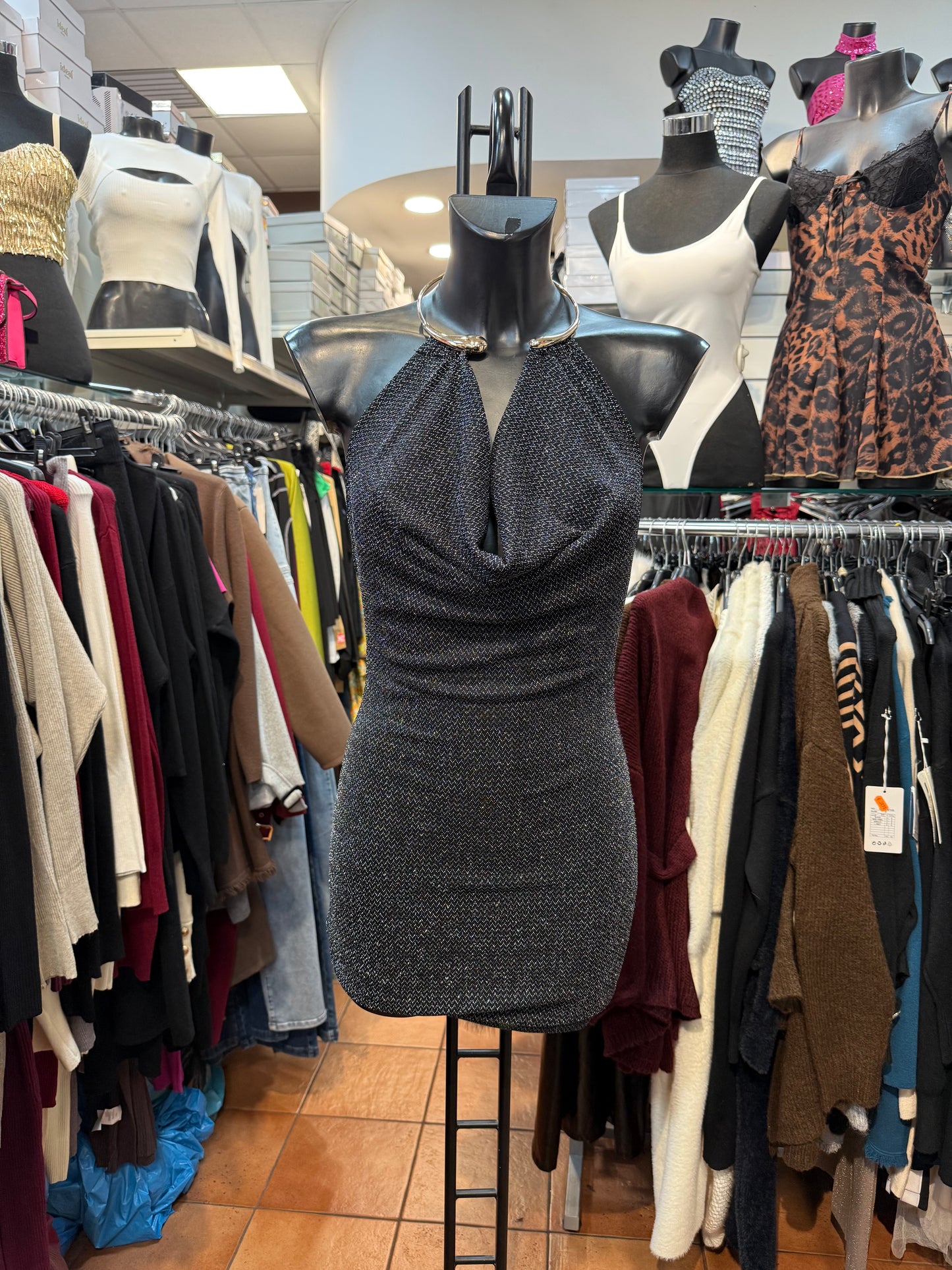 Glitter Halter Mini Dress with Necklace Detail – LIQUID LIGHT ✨🖤