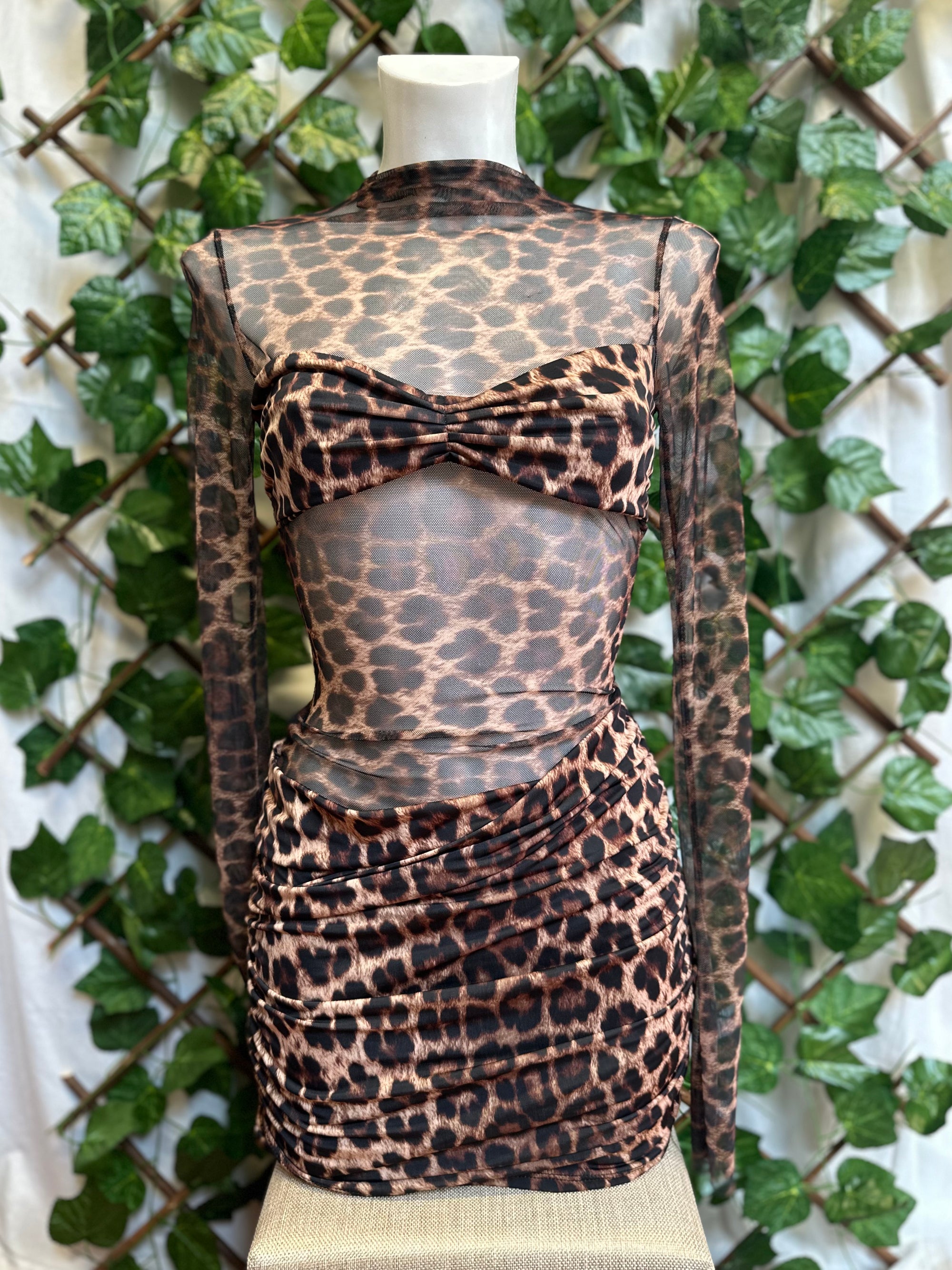 Vestito Leopardato Mesh Maniche Lunghe