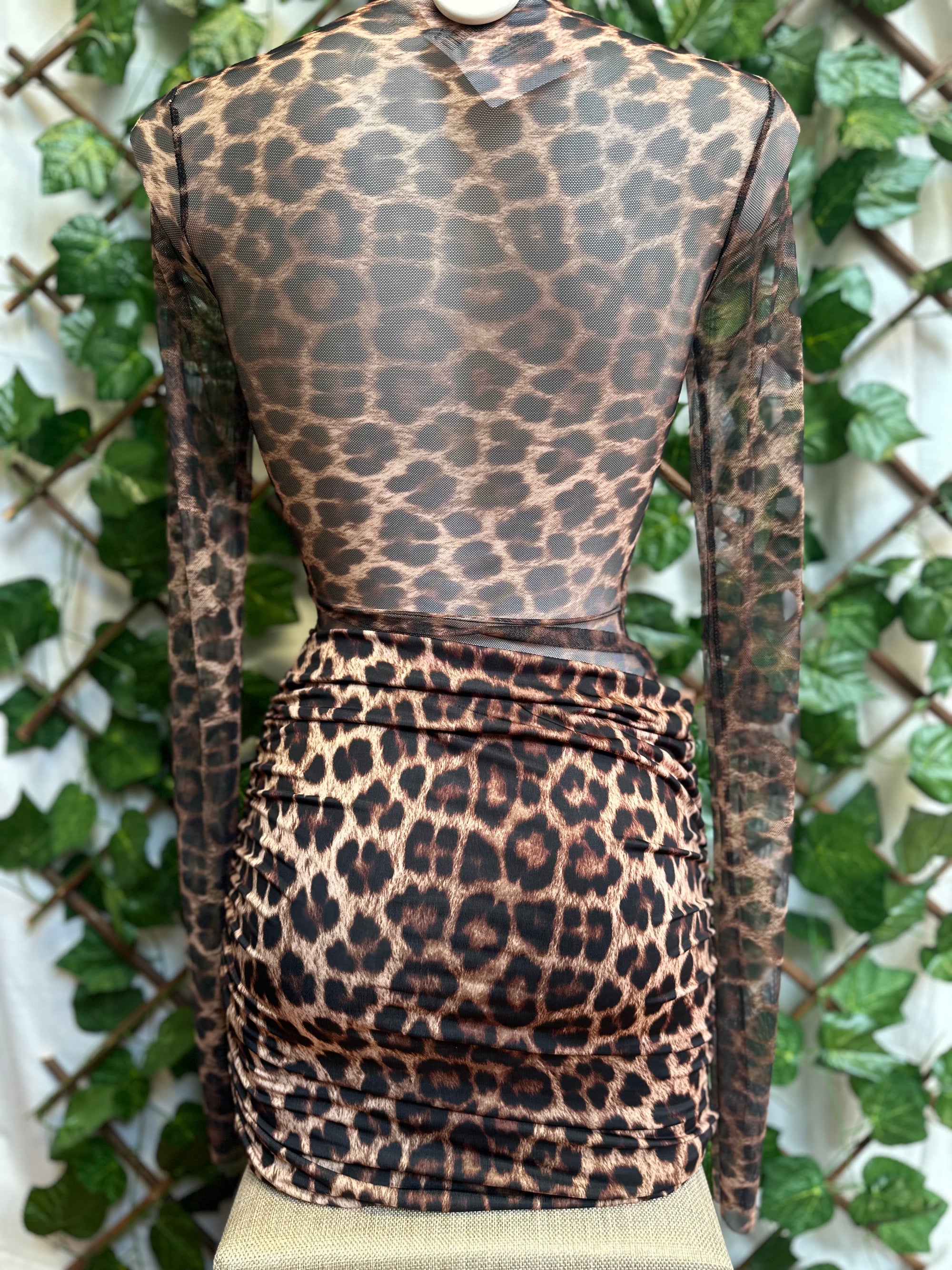 Vestito Leopardato Mesh Maniche Lunghe