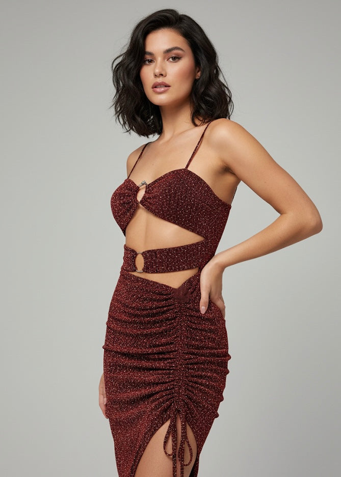 Mini-abito aderente cut-out con drappeggio e strass – CRIMINE PASSIONALE ❤️‍🔥💎