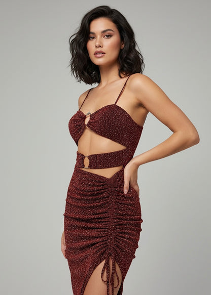 Mini-abito aderente cut-out con drappeggio e strass – CRIMINE PASSIONALE ❤️‍🔥💎