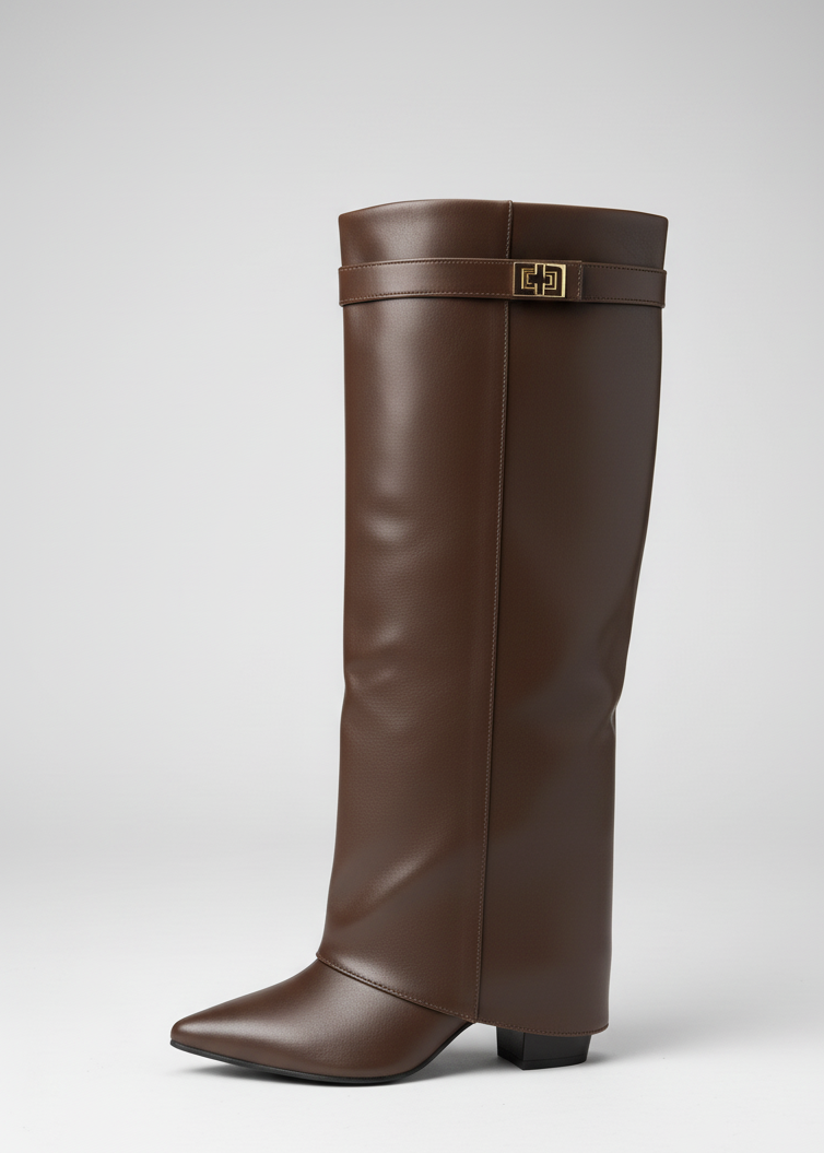 Stivale al ginocchio punta e tacco quadrato con fibbia – POTERE LISCIO 🖤🤎