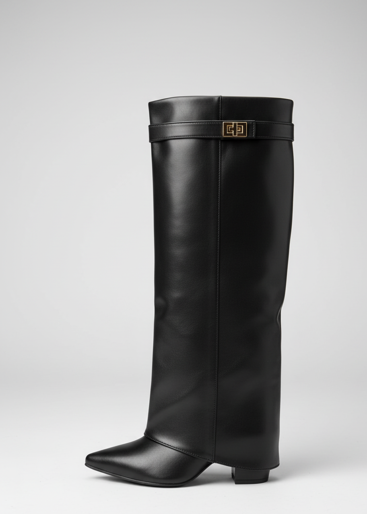 Stivale al ginocchio punta e tacco quadrato con fibbia – POTERE LISCIO 🖤🤎